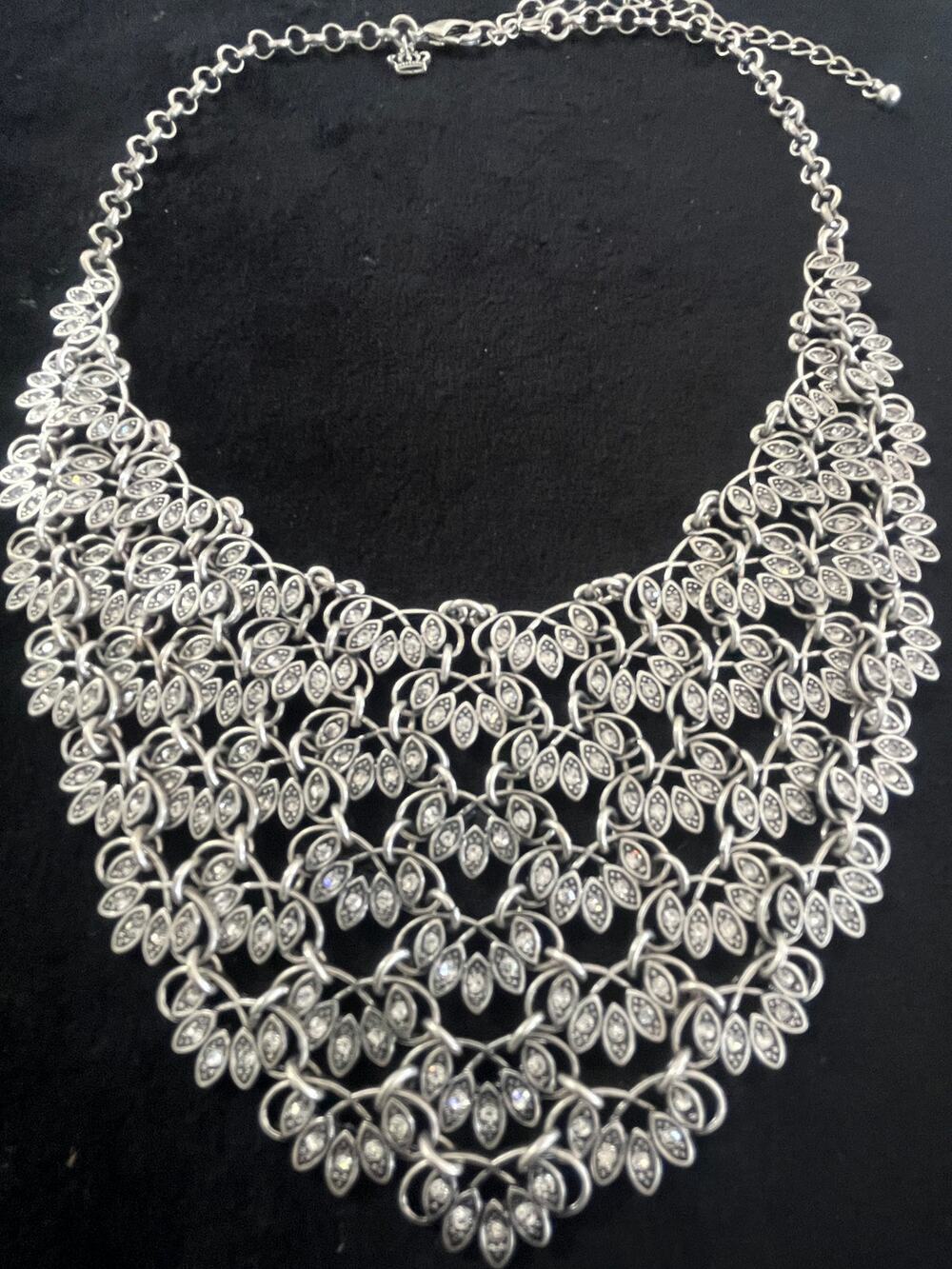 Premier Design "Ruffles" Rhodium Silver-Plated  & Rhinestone Bib Necklace NWOT